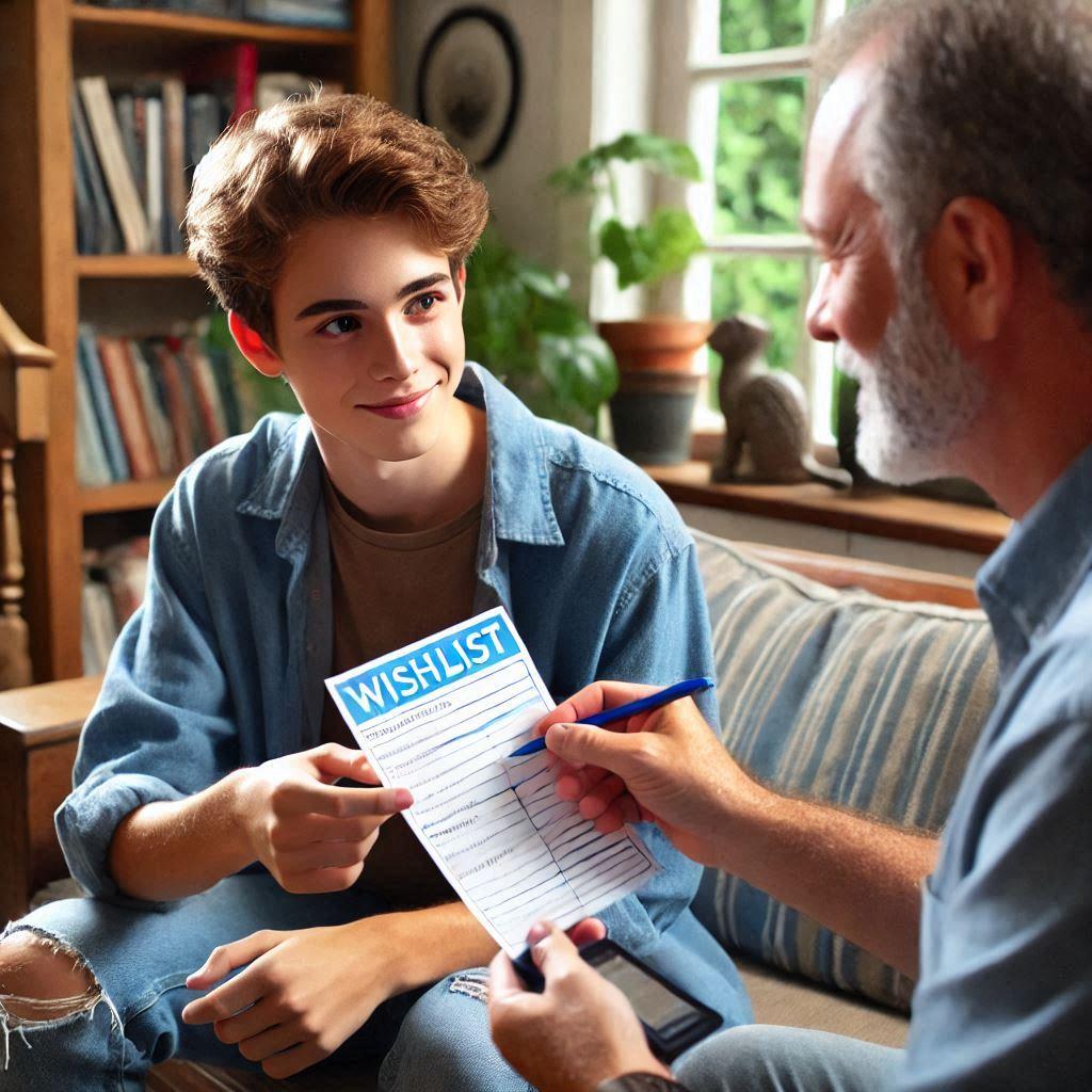 Teenager handing a wishlist to parent